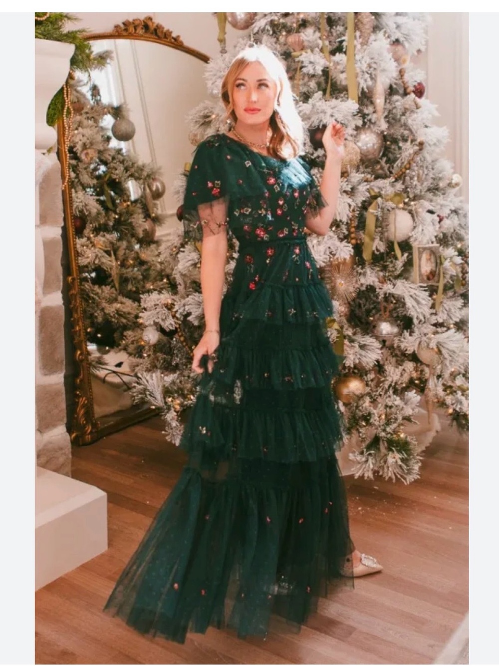 Ivy City Co Emerald Tiered Maxi Dress with Floral Embroidery